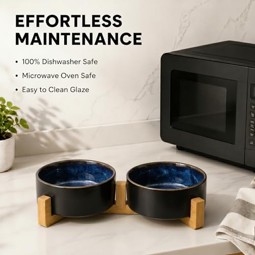 SPUNKYJUNKY Ceramic Dog and Cat Bowl Set with Wooden Stand, Modern Cute Weighted Food Water Set for Small Size Dogs (13.5OZ) & Medium Sized Dogs (28.7OZ) & Cats (1.7 Cups, 2 × Starry Blue) - color: Starry Blue × 2, size: 1.7 cups