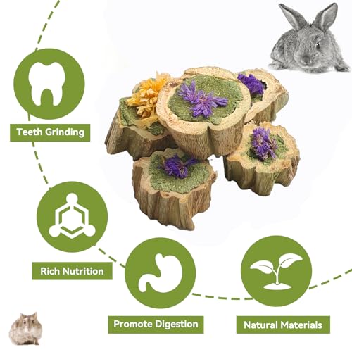 Natural Rabbit Chew Toys,Papaya Wood Sticks Organic Rabbit Treats with Timothy Hay Cakes and Dried Flower Rabbit Enrichment Toys for Guinea Pig Teeth Grinding (3.52 OZ / 100g)