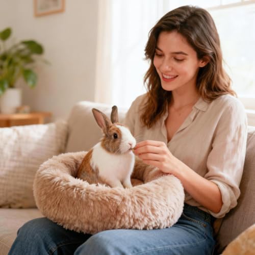 Rabbit Bed, Long Plush Donut Shaped Washable Bunny Hideout Soft Pet Bedding Mat for Guinea Pig, Kitten, Chihuahua & Small Pets for Snuggling Resting - Khaki - color: Khaki