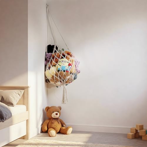 Amdermi Stuffed Animal Storage Hammock Corner Hanging Net Stuffy Animal Hammock Macrame Toy Display Plush Toy Holder for Kid Bedroom Decor Boho Nursery Playroom Organizer (Cream) - color: Cream