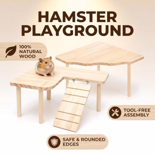 Hamster Platform Set, 2-Piece Wooden Modular Playground & Hide, Cage Accessories for Dwarf Syrian Hamsters, Gerbils, Mice, Degus (Rectangle2+Corner)