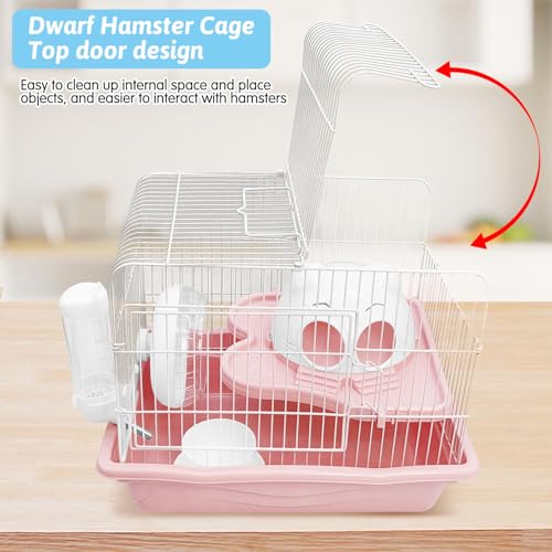 PINVNBY Dwarf Hamster Cage, Small Animal Cages, 2-Tier Travel Portable Mouse Cage Hamster Carrier with Castle House Running Exercise Wheels, Water Bottle and Food Dish（Pink） - color: Pink, size: L: 13.78x10.23x11.02in