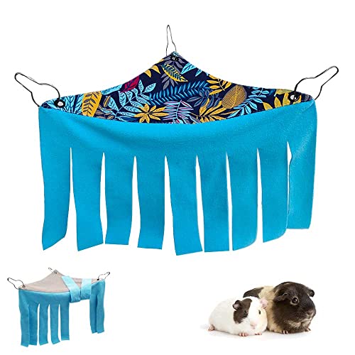 RIOUSSI Guinea Pig Hideout Hideaway Corner Fleece Toys Cage Accessories | Reversible Sides | Soft Fleece Fabric | Come with Hooks | Guinea Pig Hammock for Small Animals | Blue Leaves, Triangle - color: Blue Leaves