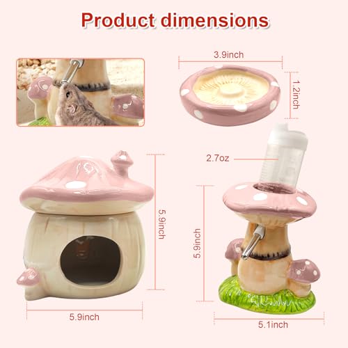 Mushroom Ceramic Hamster Hideout, Water Bottle with Stand, Food Bowl, Hamster Accessories (Pink) - color: pink