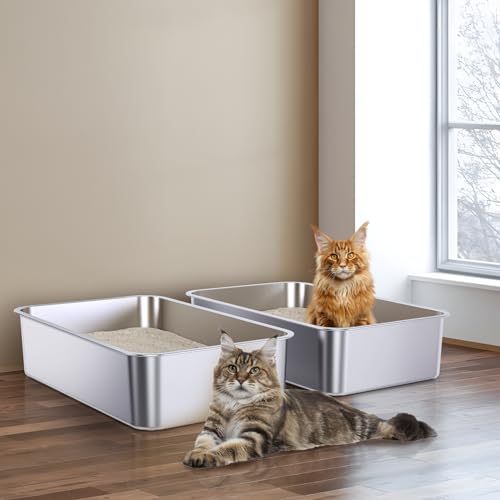 Stainless Steel Litter Box 2 Pack, Metal Litter Box XL | 23.6" X 15.7" X 6" Extra Large Steel Litterbox for Big Cat, Multiple Cats, Non Stick, No Smell, Easy Cleaning - size: 2 Pack-X-Large (23.6"×15.7"×6")