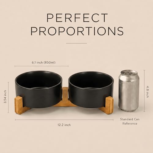 SPUNKYJUNKY Ceramic Dog and Cat Bowl Set with Wooden Stand, Modern Cute Weighted Food Water Set for Small Size Dogs (13.5OZ) & Medium Sized Dogs (28.7OZ) & Cats (3.6 Cups, 2 × Black) - color: Black × 2, size: 3.6 cups