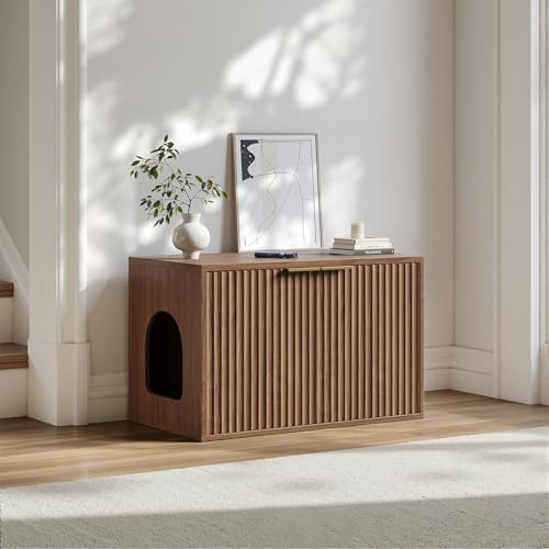 Evermagin 31.5" Cat Litter Box Enclosure Furniture, Walnut | Hidden Litter Box Cabinet, Modern Indoor Cat House, Fluted Kitty End Table for Living Room, Bedroom, Entryway - color: Walnut
