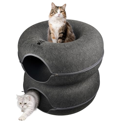 2-Level Detachable Large Cat Tunnel Bed for Indoor Cats, Scratch-Resistant Felt Donut Cat Cave, Supports Up to 30 lbs, Peekaboo Cat Tube (Dark Grey, L 24 x 24 x 22 in)