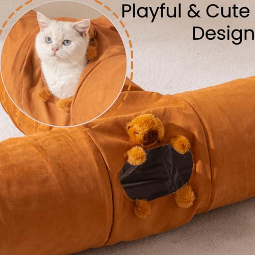 Cat Tunnels for Indoor Cats 3 Way T-Shape Suede Cat Tunnel with Capybara Plush Collapsible Pet Tunnel Tube for Kittens Rabbits Puppies - size: 3 Way Tunnel