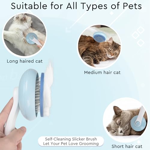 Cat Grooming Glove Brush, Self-Cleaning Slicker Pet Brush | Dog Bath Brush for Shedding and Grooming, Removes Loose Hair and Tangles for Short and Long Haired Pets, Blue