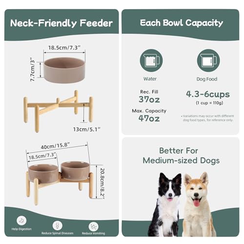 Havniva Elevated Dog Bowls Ceramic Dog Bowls with Stand, Dog Food Bowl | 7.3” Raised Dog Bowls with Non-Slip Wood Stand, Dog Food and Water Bowl Set, Double Dog Feeding Bowls for Medium Dogs - color: 2 Bowls+Stand - Brown Coffee, size: 7.3inch