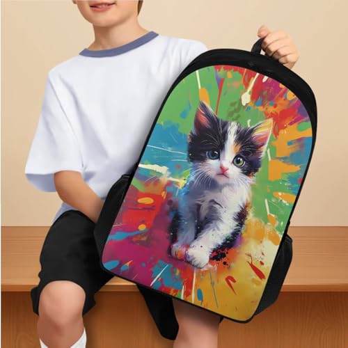 Girls Bookbag with Lunch Box Artist Cat School Bags for Girls 2Nd Grade Large Water Bottle Sleeve and Pencil Case 4 in 1 Compartment Primary Secondary Bag for Students/Child - color: Artist Cat