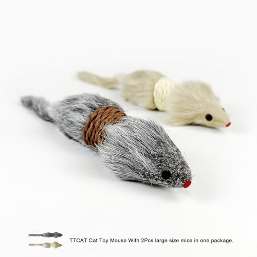TTcat 2 Pack Large Furry Mouse Cat Toys, Natural Paper Rope Realistic Fake Mice Kitten Interactive Hunting Toy, Durable Chew Teaser Toy for Indoor Cats, Boredom Relief Cat Prey Toy.
