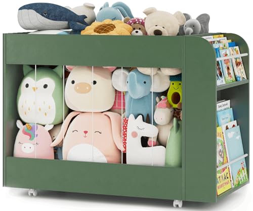 Wooden Kids Bookshelf, Toy Storage with Side Drawing Chalkboard | 3-in-1 Mobile Stuffed Animal Storage Zoo, Rolling Toy Box Container on 4 Wheels for Kids Room Playroom Nursery Bedroom, Green - color: Green