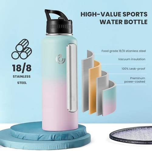 COKTIK 40oz Sports Water Bottle, Stainless Steel Water Bottle for Insulated, Reusable Travel Bottle, With Straw, With Handle Grip for Easy Carrying, Suitable for Cycling, Outdoor Vacations(Bubble Gum) - color: Bubble Gum, size: 40 Ounces