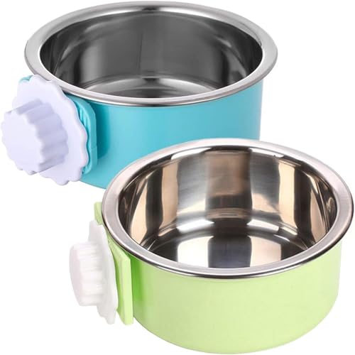kathson Crate Dog Bowl, Removable Stainless Steel Hanging Pet Kennel Cage Bowl Food & Water Feeder Coop Cup for Puppy, Cat, Rabbit, Guinea Pigs Ferret Bird (2 PCS, Size: M, Blue and Green) - color: Size: M (Blue, Green), size: 2 PCS