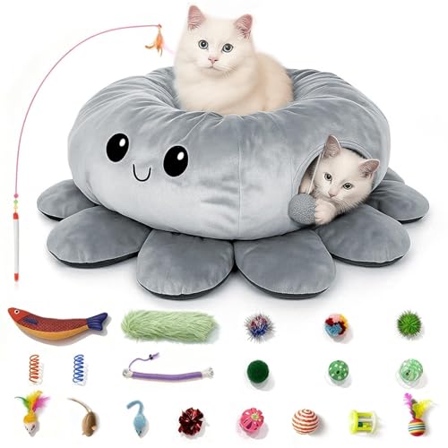 Cat Tunnel Bed for Indoor Cats, Peekaboo Cat Cave Bed with 20 Pcs Cat Toys, Soft Cat Donut Tunnel for Kitten Large Cats, Grey Octopus - color: Grey