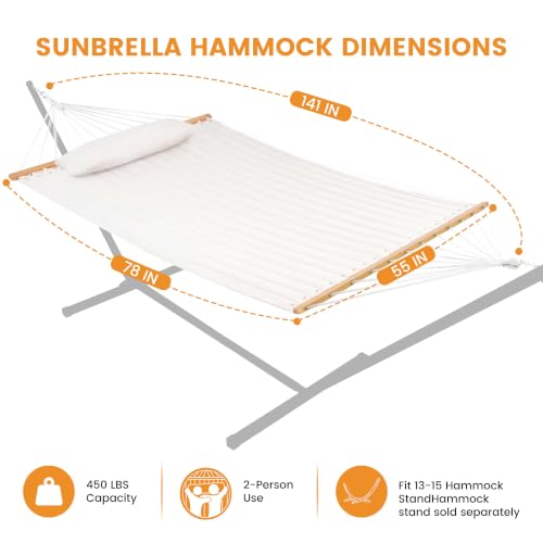 Lazy Daze 12 FT Sunbrella Quilted Hammock, Non-Fading Double Hammock | 2 Person Hammock with Pillow, Straps, Carabiners , All Weather Fade Resistant for Outside, Cast Pumice - color: Cast Pumice