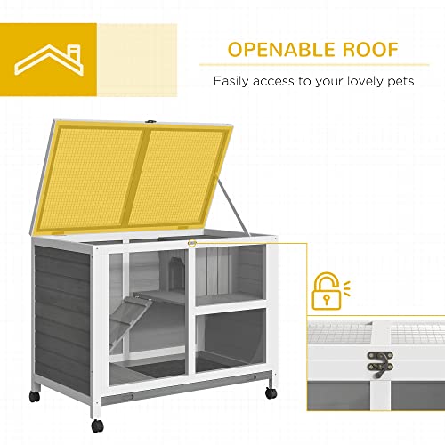 PawHut Rabbit Hutch with Wheels, Desk and Side Table Sized, Wooden Rabbit Cage, Waterproof Small Bunny Cage with Removable Tray, Openable Roof, for Indoor & Outdoor, Gray | Wooden Rabbit Cage, Waterproof Small Bunny Cage, Removable Tray, Openable Roof, fo