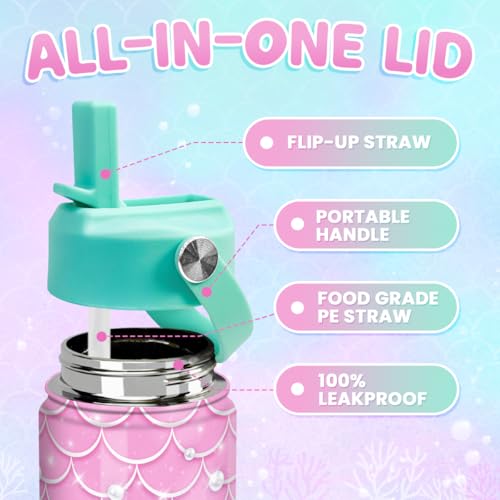 SANDJEST Mermaid Water Bottle - Kids Water Bottle with Straw Lid - 12 Oz Insulated Stainless Steel Water Bottles for Kid Girl - Travel Cup for School Sports - color: Mermaid 1