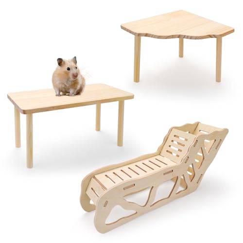 3 Sets Wooden Hamster Platform for Cage Accessories Natural Wood Climbing Toy Hideout, Expandable Habitat Decor for Dwarf Syrian Hamsters, Gerbils, Mice, Degus Sturdy Chew-Safe