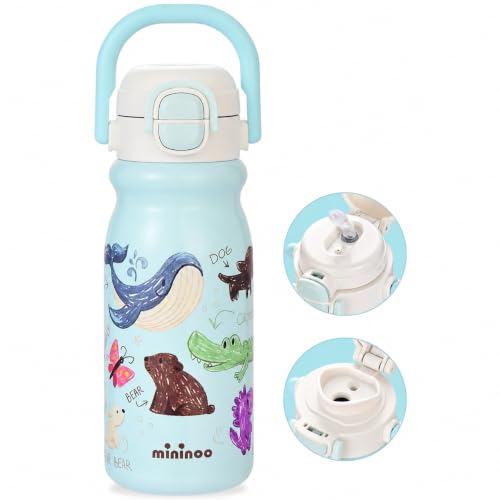 18oz Insulated Stainless Steel Kids Water Bottle for School, Animal | 2-in-1 Straw & Spout Lid, Leak-Proof, BPA-Free, for Girls & Boys, Blue - color: 18oz Light Blue-Animal