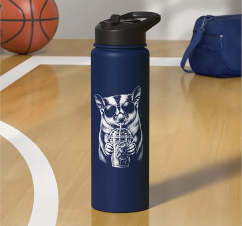 Funny Sugar Glider Drinking Iced Coffee Stainless Steel Insulated Water Bottle - color: Navy Blue