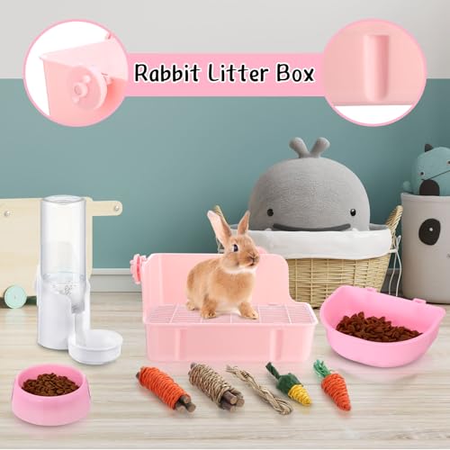 20 Pcs Rabbit Starter Kit Small Bunny Litter Box Animal Grooming Kit with Hanging Pet Bowls Water Bottle Bunny Toys Flannel Blankets with Cleaning Set for Guinea Pig Rabbit Accessories(Pink) - color: Pink