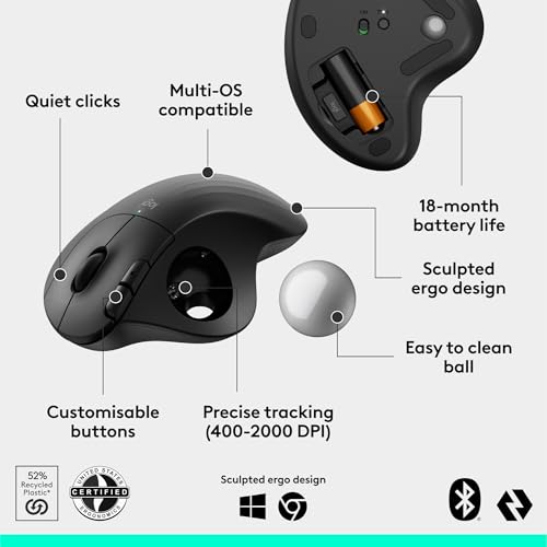 Logitech Ergo M575S Wireless Bluetooth Trackball Mouse - Black Silver Ball | Easy thumb control, precise and smooth tracking, Bluetooth and includes Logi Bolt USB receiver, PC Mac compatible - color: Black + Silver Ball