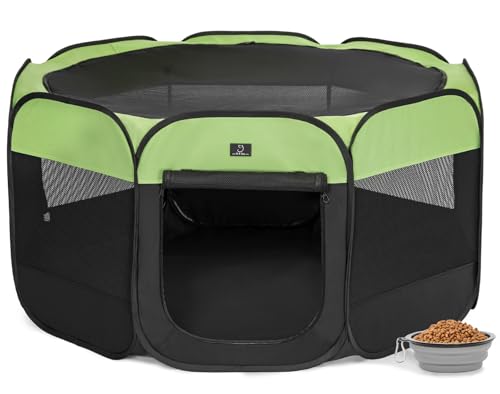 A 4 Pet 50.39-in Dog Playpen, Small Dogs & Puppies, Green+Black | Includes bowl, waterproof floor, pop-up design, home/travel/outdoor use - color: Green+Black, size: L(50.39"x50.39"x25")