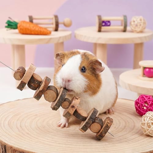 26 Pcs Hamster Cage Accessories, Silent Wheel & Wood House Set | Includes Maze House, Water Bottle, 13 Chew Toys, Seesaw Bridge; Natural Wood, for Guinea Pigs Chinchillas Gerbils Mice Rats