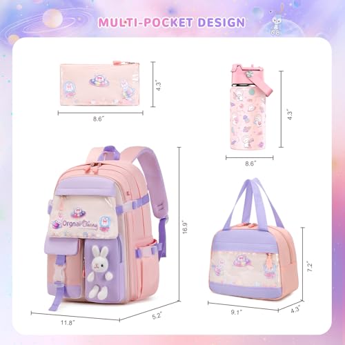 FIXITOK Girls Backpack with 14oz Insulated Water Bottle Set, Kawaii Bunny School Backpack for Girls with Kids Water Bottle Lunch Bag Pencil Case for Kindergarten Elementary Preschool School - color: W-pink