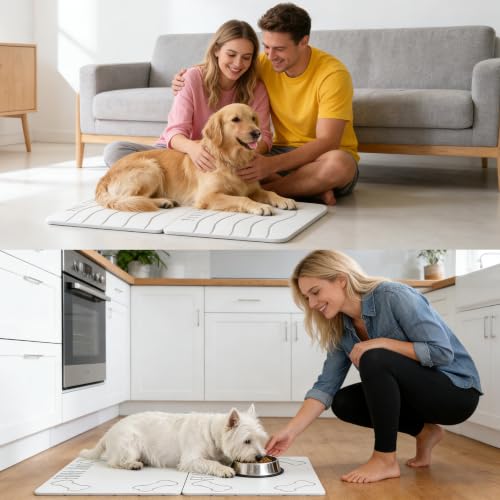 Double-Side 2 in 1 Stone Pet Food Mat & Cooling Mat (24"*16") | Instant dry water absorbing Diatomite Stone Dog Bowls Drying Mat & Heat dissipating Pet Cooling Mat. Bite-Proof & Non-slip. - color: WHITE, size: 24"*16"