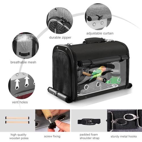 Sanmoncare Bird Carrier Bag Cockatiel Travel Cage with Stand, Lightweight Travel Carrier for Small Bird, Portable Parrot Travel Bag, Pet Transparent Travel Backpack - color: Black