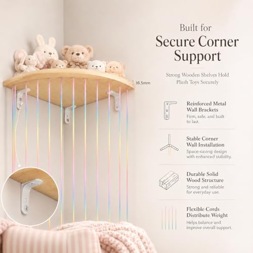 Corner Hammock Shelf with Adjustable Length, Wooden Hanging Wall Storage Organizer, Space Saving Net Shelf for Bedroom, Playroom and Home Décor - style: Rainbow sector