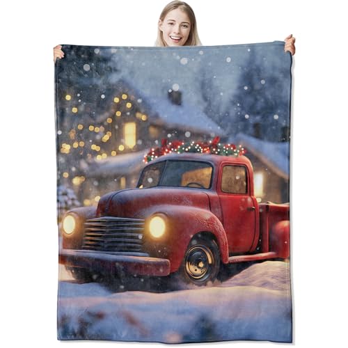 Winter Truck Flannel Throw Blanket 60x80 Inch, Vintage Red Car in Snowy Evening Scene Blankets Soft Cozy Fleece Throws for Adults Bed Sofa Dorm Living Room Holiday Christmas Decor Gifts - color: Red Truck Christmas02, size: 60"x80"