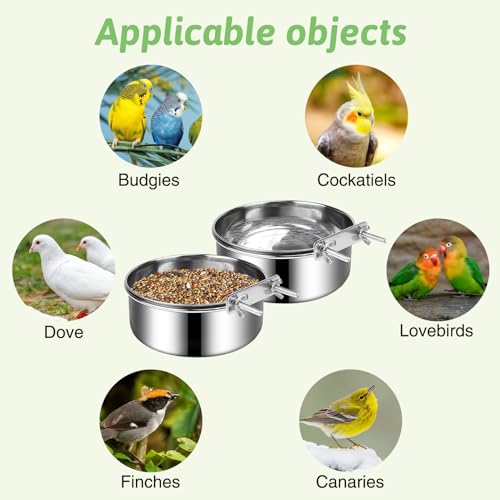 Tfwadmx 4 Pcs Stainless Steel Bird Bowls with Clamp,Clamp Holder Coop Cup,Bird Dishes for Cage, Cage Water Bowl for Cockatiels Lovebird Budgie Chinchilla
