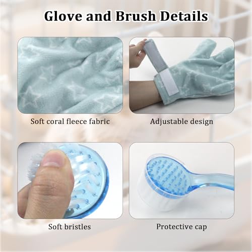 1Pcs Hamster Bite Proof Glove and Grooming Brush Set, Adjustable Hamster Glove, Lid Soft Cleansing Brush Massage Combs, Guinea Pig Brush, Hamster Care Set for Hamsters, Ferrets, Hedgehog (Green Stars) - color: Green Stars
