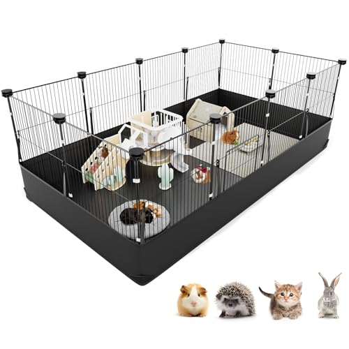 Tresbro Guinea Pig Cage with Waterproof PVC Bottom Liner & One-Hand Release Hook, Triple Fixing C&C Cage for Guinea Pigs, Bunny, Rabbit, Hedgehog, Small Animal Indoor Playpen 48''L x 24''W x 16''H - size: 12 Panels