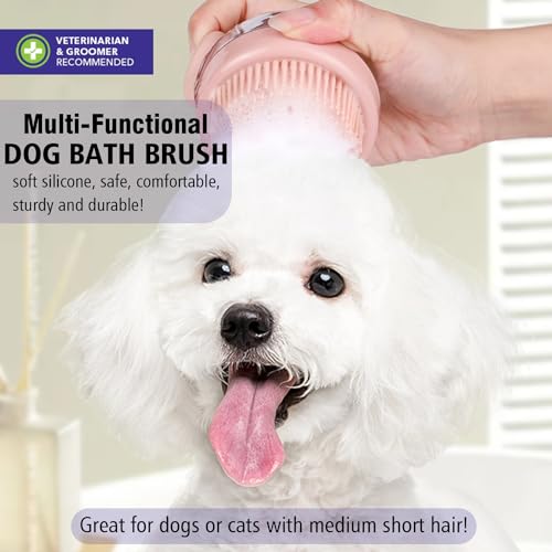 Dog Bath Scrubber Brush, 2 PCS Pet Dog Grooming Massage Shampoo Bath Brush with Soap and Shampoo Dispenser Soft Silicone Bristle for Long Short Haired Dogs Cats Shower - color: Green & Pink