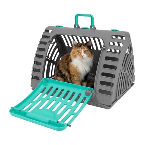 SportPet X-Large Hard-Sided Travel Cat Carrier - Cat Carrier with Patented Wide Side-Opening Door, Foldable Portable Pet Carrier for Cats & Small Pets up to 35lbs - Dark Gray/Teal - color: XL carrier