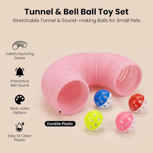 Hamster Collapsible Tunnel Tube Toys with 4 Bell Balls, Expandable Small Animal Hideout Exercise Toy 7.8inch Unextended 32.7inch Extended for Guinea Pig Gerbil Rat Ferret (Pink) - color: Pink