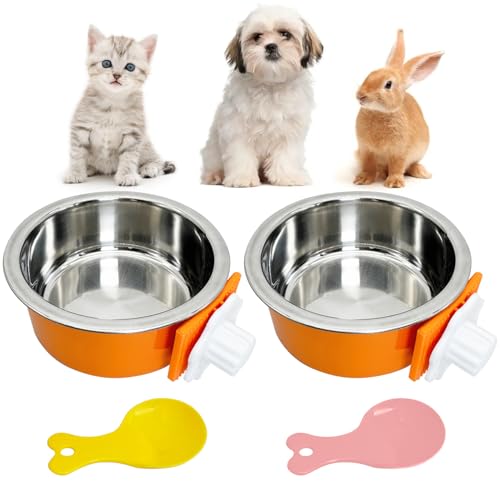 Hamiledyi Crate Dog Bowl Cat - Removable Stainless Steel Hanging No Spill Pet Bowl for Kennels Durable Detachable Design Fits Small Medium Dog Cages (2 Pcs, Orange - color: Orange