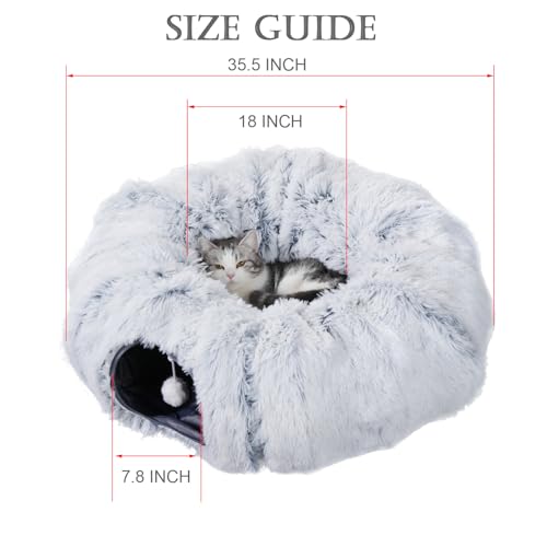Cat Tunnel with Cat Bed for Indoor Cats, Soft Plush Peekaboo Cat Cave Donut Tunnel, Multifunctional Playground Toys Hideplace for Small Medium Large Kittens, Rabbit, Ferret (L)