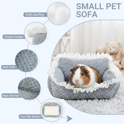 RUKANG Guinea Pig Couch, Small Pet Sofa with Unique Lace Design, Guinea Pig Bed with Fluffy Polypropylene Cotton Fillers on Arms & Back, Comfortable Fabric, Ideal Bed for Small Pets, Gray