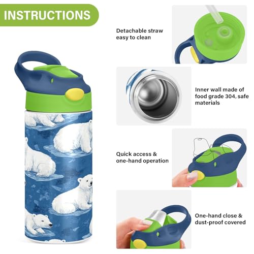 OTVEE Cartoon Polar Bear Kids Water Bottle with Straw Lid 12 oz Insulated Stainless Steel Leakproof Duck Mouth Tumbler Cup for Boys Girls Teen School - color: Cartoon Polar Bear