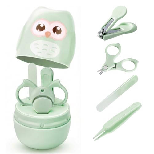 Baby Nail Kit with Owl Case, 4-Piece Infant Manicure Set, Green | Infant Nail Clippers, Rounded Safety Scissors, Gentle File, Tweezers, Newborn and Toddler Friendly - color: Green