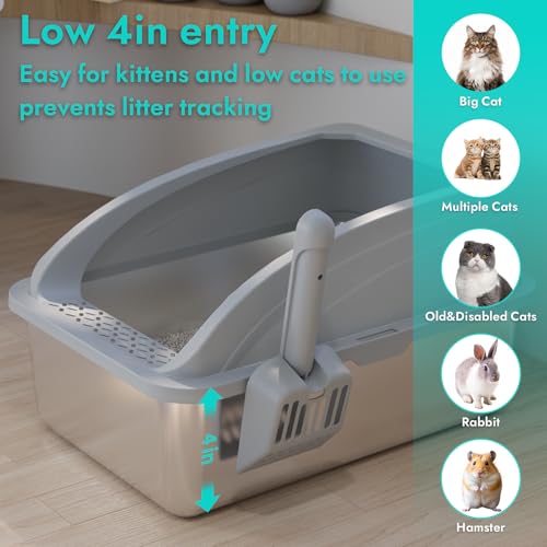 Stainless Steel Litter Box, Metal Litter Box with Scoop, High-Sided Leak-Proof Design, Non-Stick Base, Easy to Clean for Kittens, Senior & All Cats - color: Light Grey