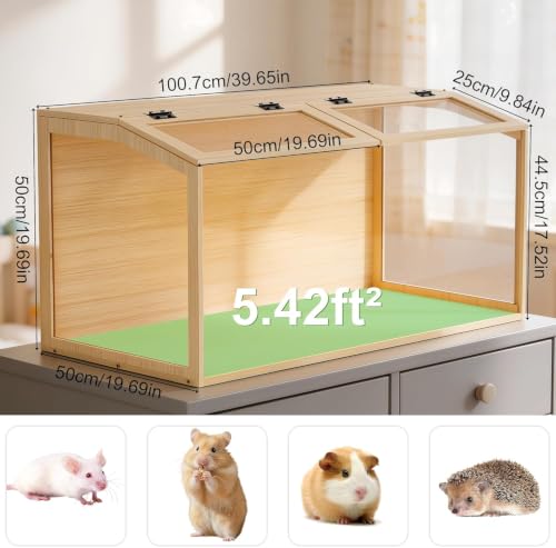 Hamster Cage: 40Inch Wooden Small Animal Cage with Warm Light | Extra Large Clear Hamster House Chewy Proof with Two Openable Breathable Top - size: 39.4"L x 19.7"W x 19.7"H