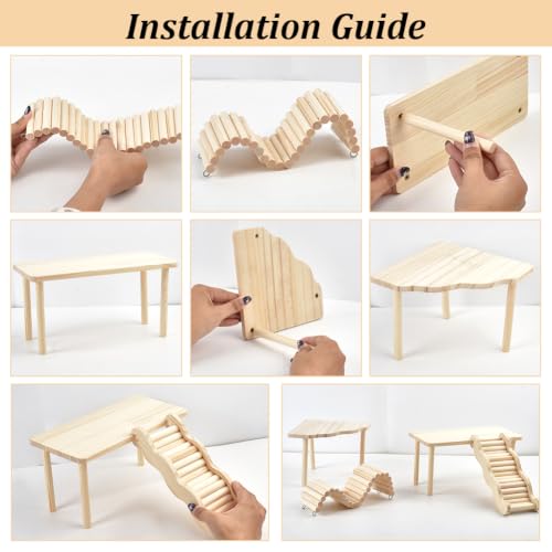 4 Pcs/Set Wooden Hamster Platform Hideout with Tunnel Ladder Hamster Toys Set Dwarf Hamsters Accessories Game Climbing Toy for Pets Dwarf Syrian Mice Degus Gerbils Squirrel